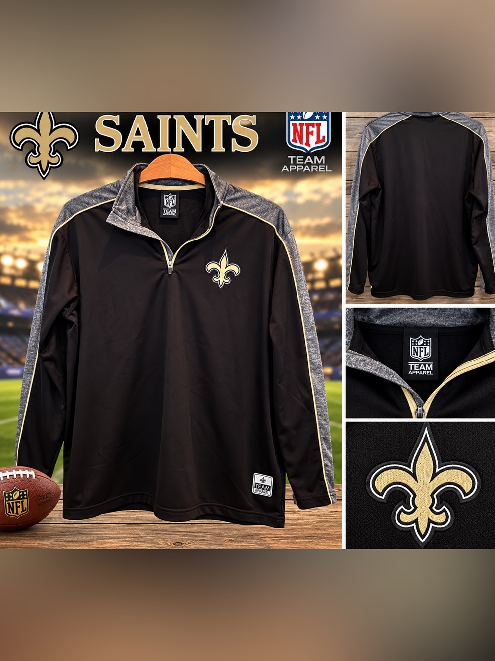 New Orleans Saints NFL Team Apparel Men’s Large 1/4 Zip Pullover Black Gold